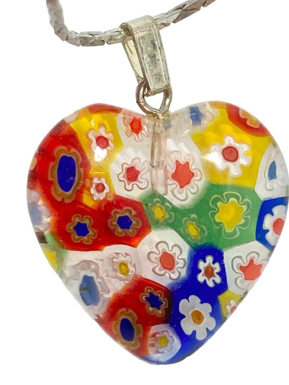 Vintage Murano Millefiori Art Glass Heart Pendant Necklace Multicolor Flowers 18